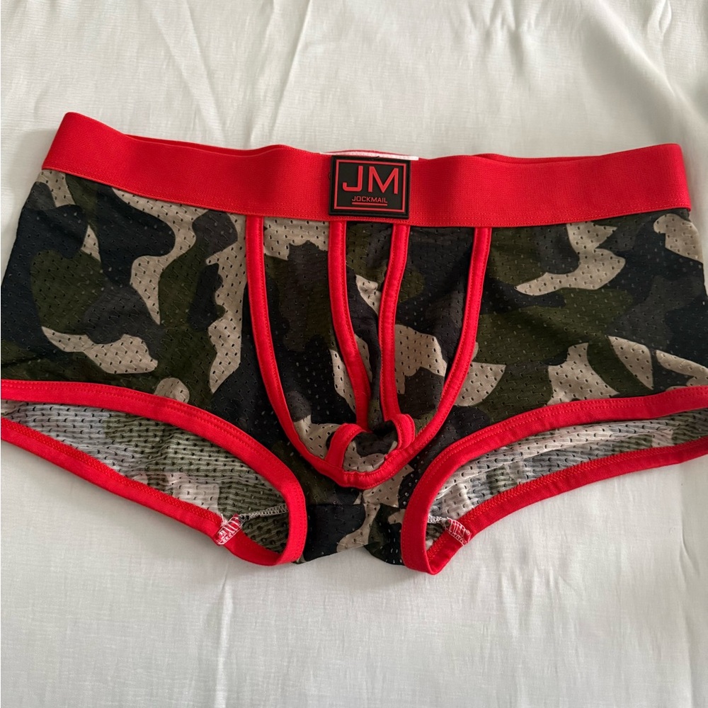 JM Jockmail Men’s Camo Mesh Boxer Briefs with Red Trim